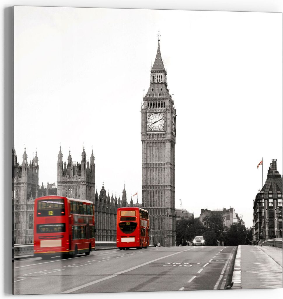 DEQORI Glasbild Echtglas 50x50 cm 'Rote Busse vor Big Ben' Wandbild Bild modern Deko