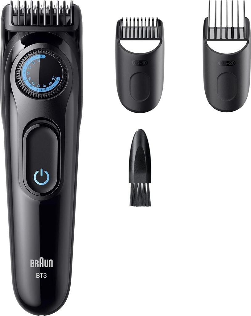 A black Braun Series 3 beard trimmer with accessories on a white background.