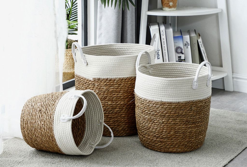 Fine Asianliving Orientalischer Korb Handgefertigt Natürliche Wasserpflanzen Set/3 Dia.36/29/26 x H40/37/32cm