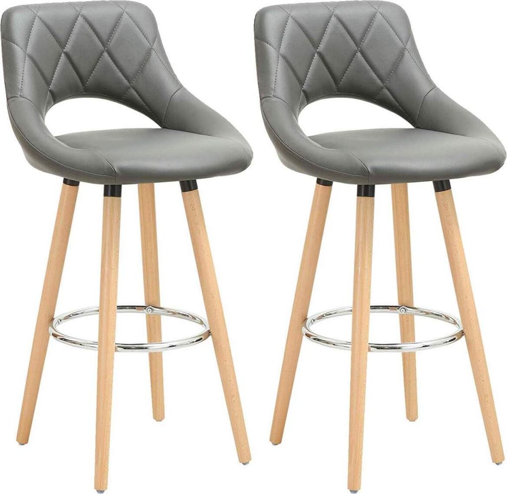 WOLTU Barhocker 2er Set mit Lehne Fußstütze, aus Kunstleder Holzgestell, Optimal Komfort, Grau