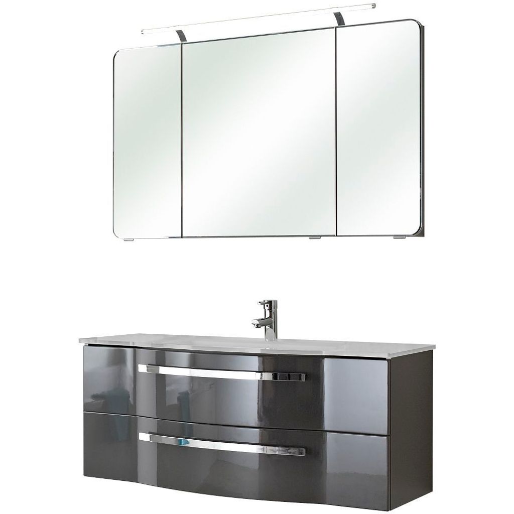 Badezimmer Waschtisch & Spiegel FES-4005-66 in Hochglanz Quarzgrau lackiert, mit Glasbecken - B/H/T: 120/200/49,1cm