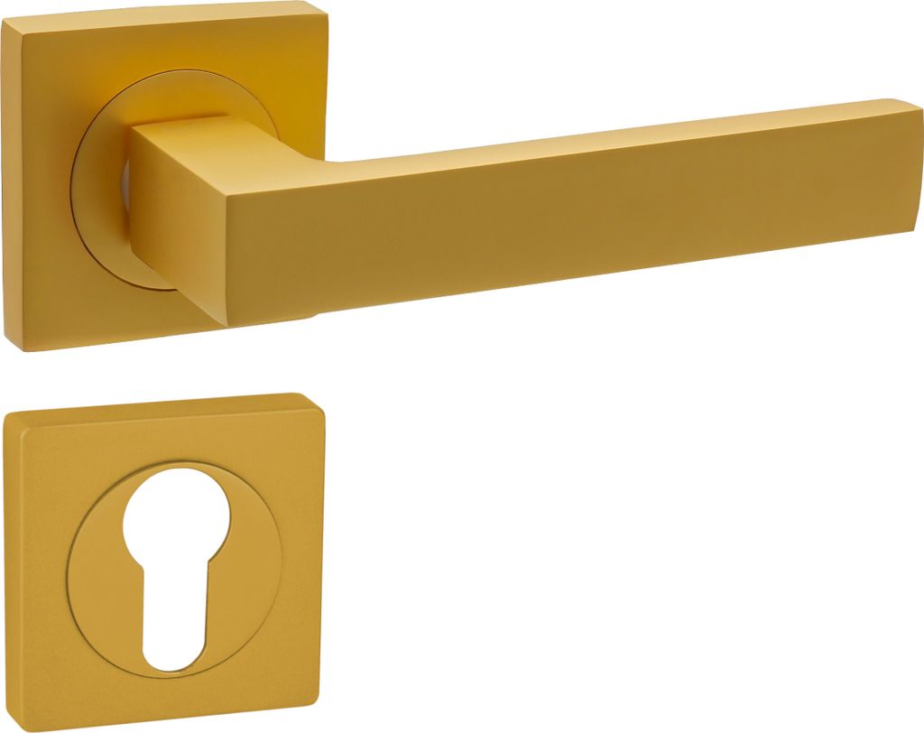 A gold-colored door handle set with a square rose plate, shown against a white background.