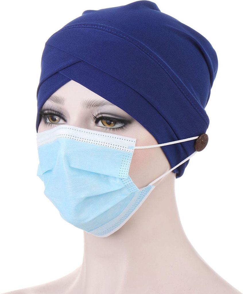 Frauen einfarbig Front Cross Beanie Bonnet atmungsaktive Hutkappe mit Knopf, Farbe: Saphirblau