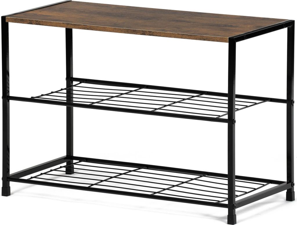 A shoe rack with a wooden top and two metal shelves.