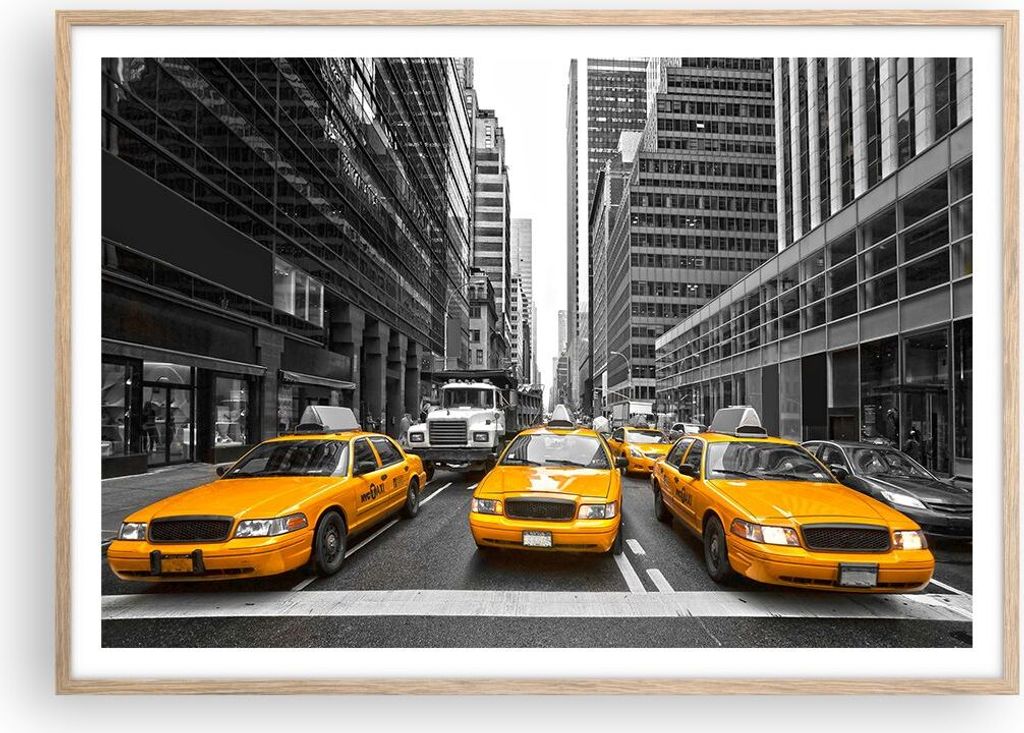 Gerahmtes Poster - Rahmen in heller Eiche - Taxi Stadt Straße Transport - 100x70 cm - Wand Bild - Wanddeko - Wandbilder - Wandposter - Bilderrahme...