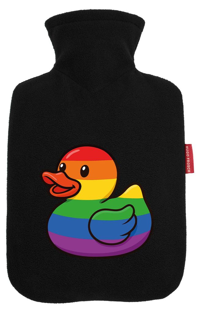 Huuraa Wärmflasche Quietscheente LGBTQ Pride Comic Gummiente 1,8 Liter Black Classic Veloursbezug Bettflasche Geschenkidee