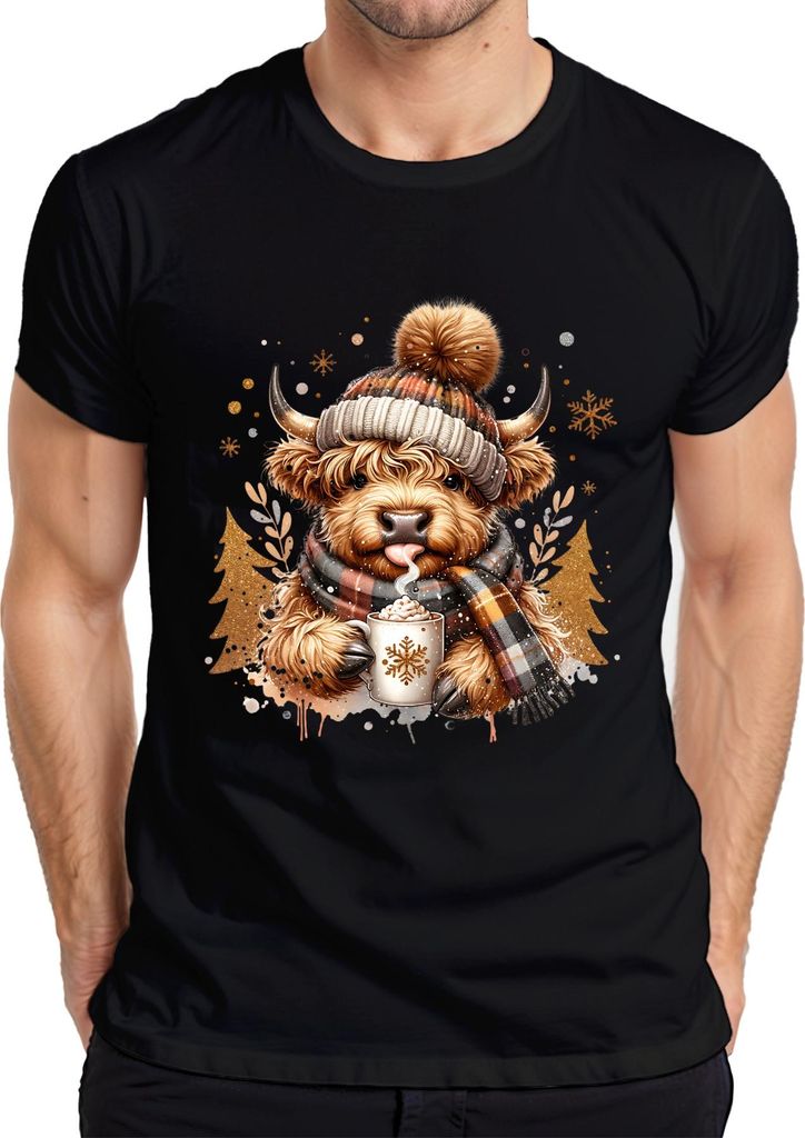 Highland Kuh Bommel Schal Becher Winter Weihnachten Geschenk Herren T-Shirt, Schwarz, S