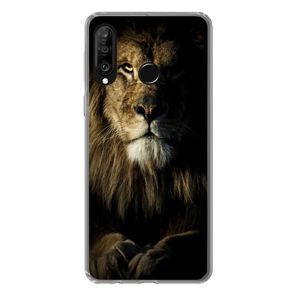 MuchoWow Handyhülle Schutzhülle Hülle für Huawei P30 Lite Löwe - Licht - Schwarz Silikon Softcase Handy Hülle - Handyhülle