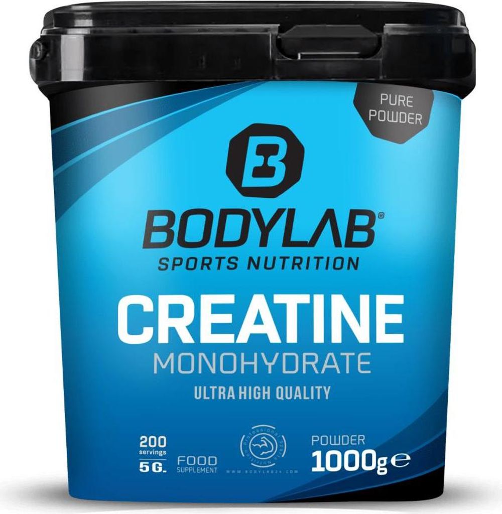 A black and blue tub of BODYLAB Creatine Monohydrate powder.