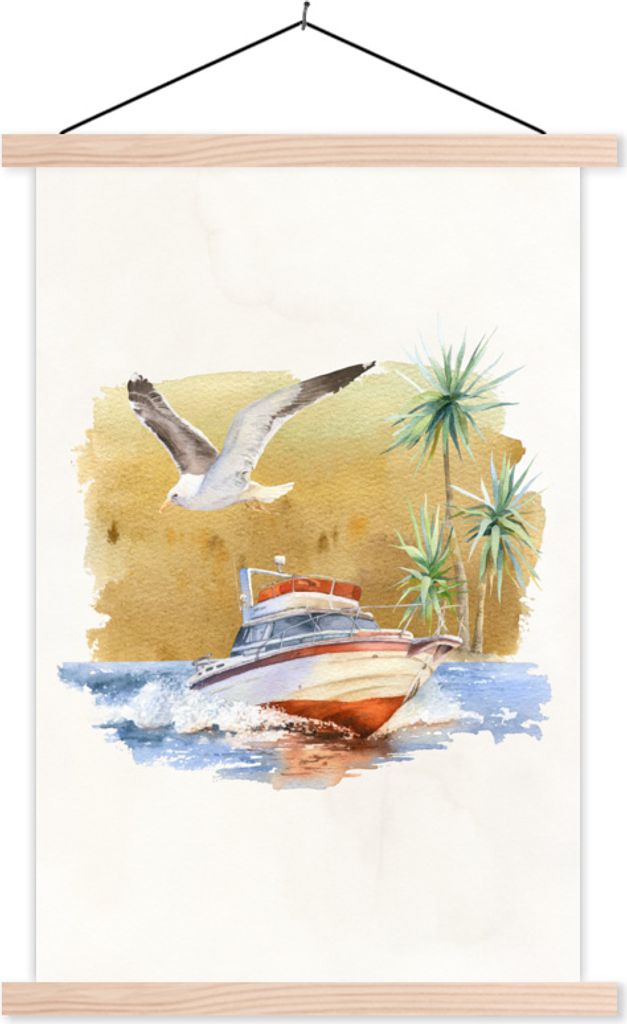 MuchoWow Textilposter Boot - Palme - Vogel 40x60 cm mit holzfarbenen Rahmen - Poster