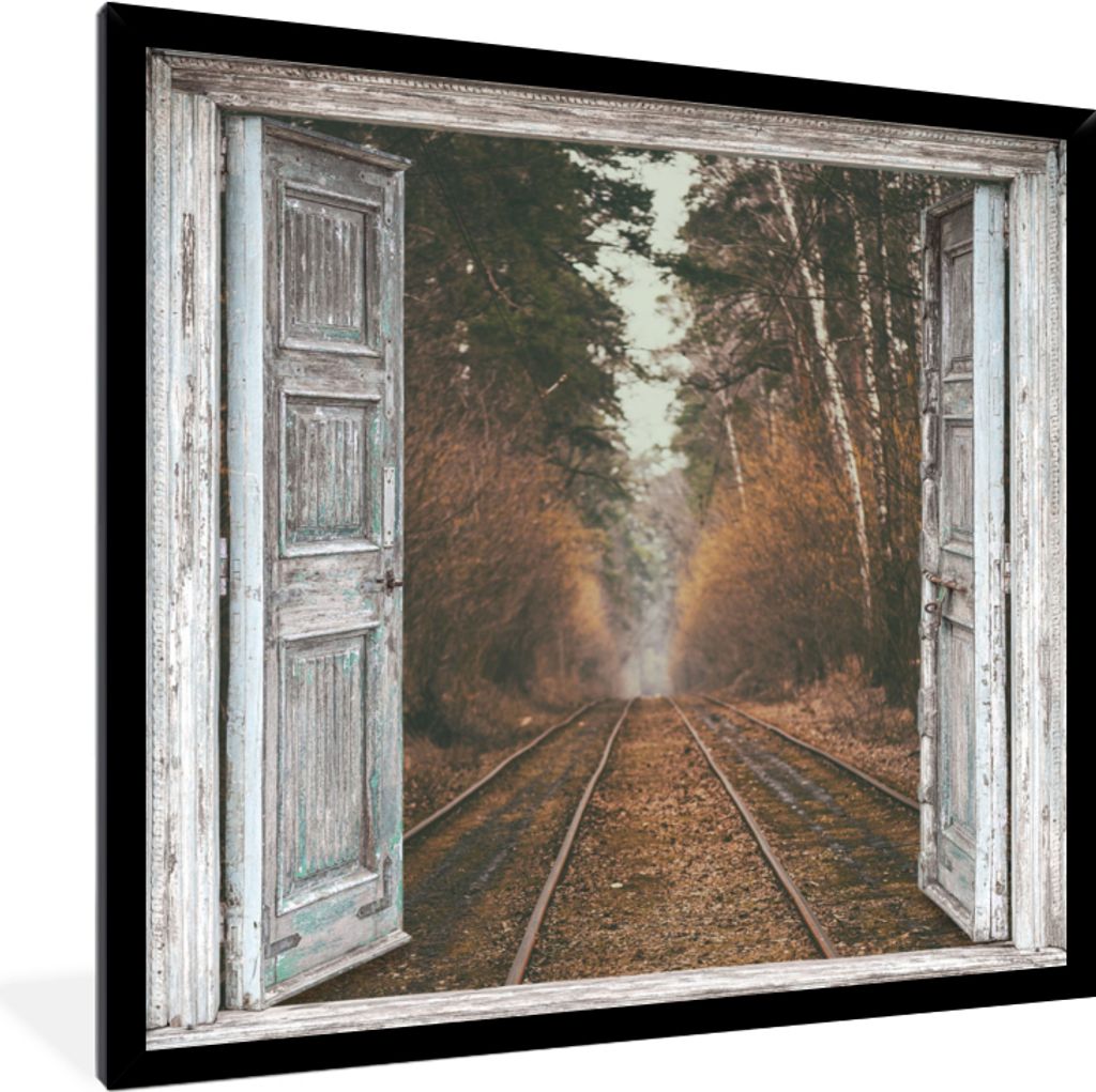 MuchoWow Gerahmtes Poster Eisenbahnschienen - Herbst - Aussicht - Wald 40x40 cm - Poster mit Schwarzem Bilderrahmen Wandposter Rahmen Foto Bilder...