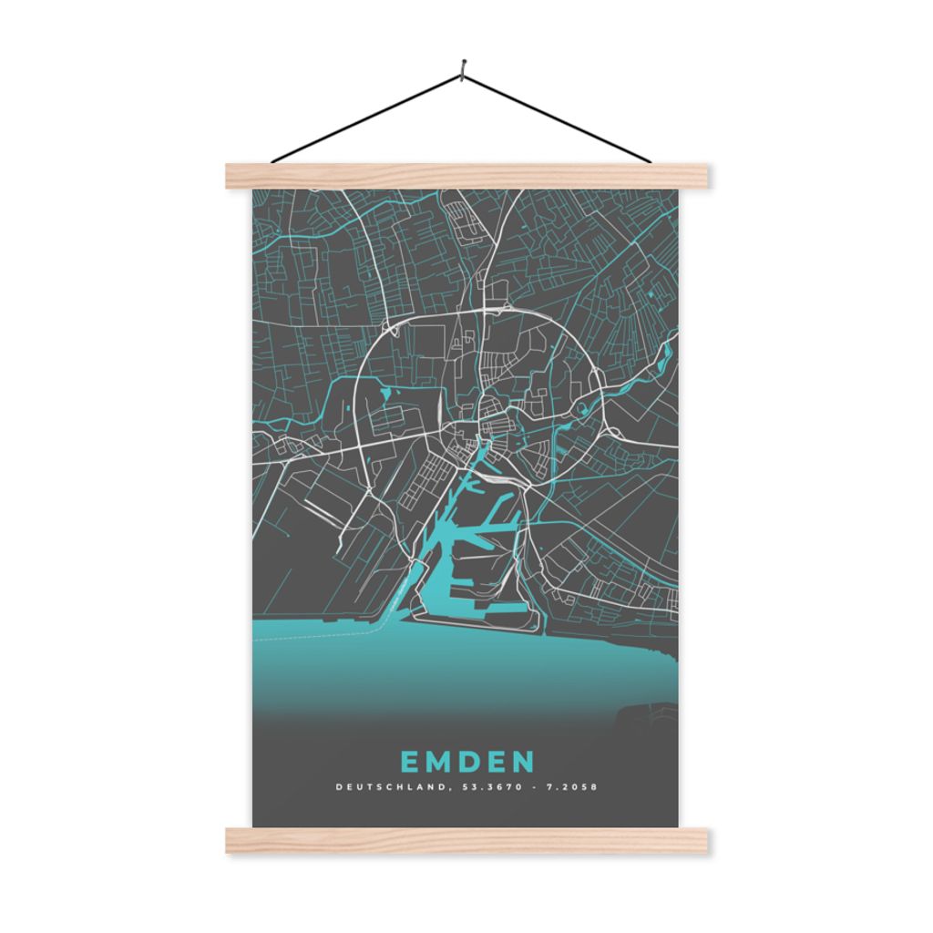 MuchoWow Textilposter Karte - Emden - Blau - Stadtplan - Deutschland 40x60 cm mit holzfarbenen Rahmen - Poster