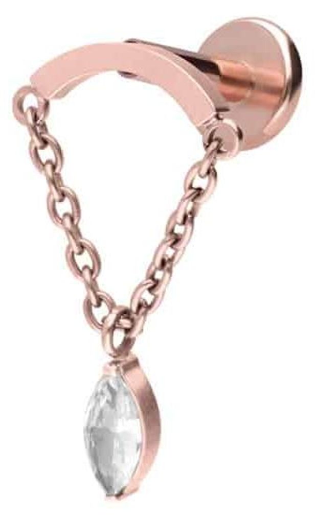 Ohrpiercing, Nasenpiercing Titan Labret mit Innengewinde BOGEN + KETTE + KRISTALLTROPFEN RoséGold Stablänge: 5mm | Stabstärke: 1,2mm | Discgrö...