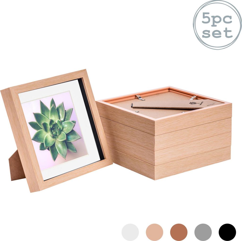 Nicola Spring 5 Stück 8 x 8 3D-Schatten-Kasten-Foto-Rahmen-Set - Craft Anzeigen Bilderrahmen mit 6 x 6 Montage - Glas Aperture - helles Holz