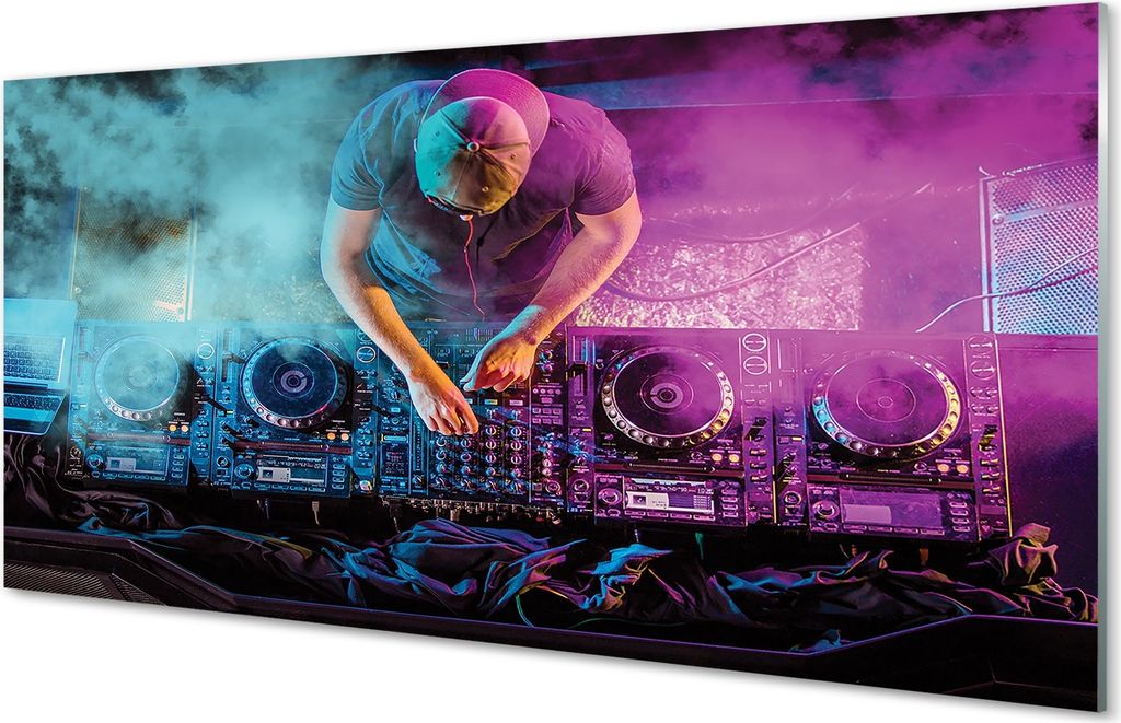 Glasbilder 120x60 Wandkunst DJ Konsolen bunte Lichter