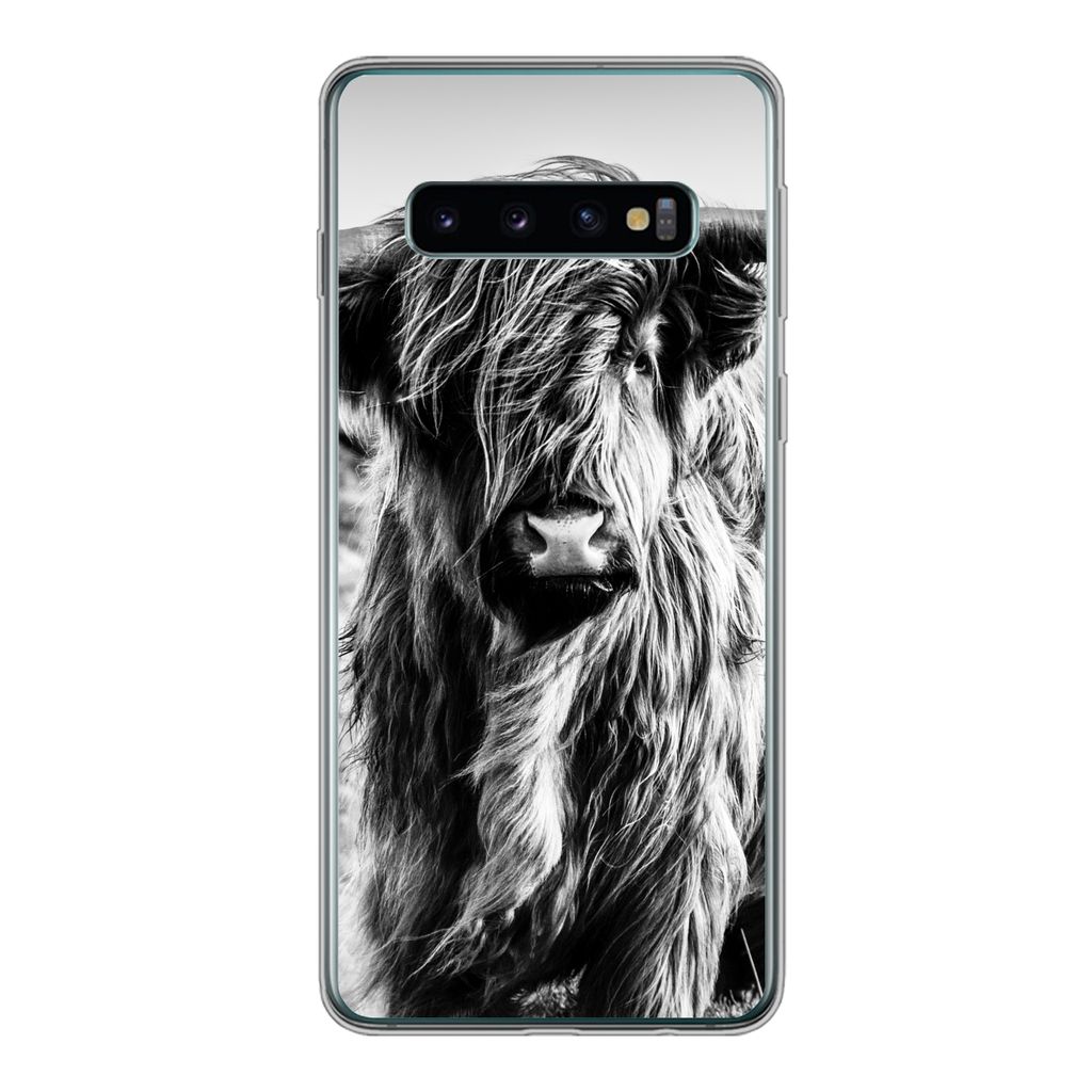 MuchoWow Handyhülle Schutzhülle Hülle für Samsung Galaxy S10 Schottischer Highlander - Natur - Kuh - Schwarz - Weiß Silikon Softcase Handy H...