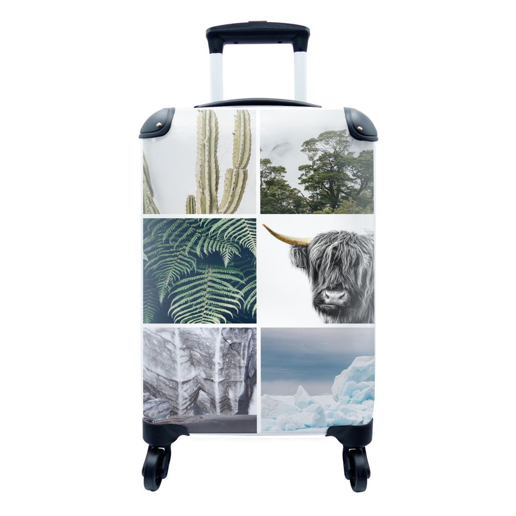 MuchoWow Koffer Handgepäck Trolley Rollkoffer Kleine Reisekoffer mit 4 Rollen - Schottischer Highlander - Collage - Kaktus - Pflanzen - Cabin Si...