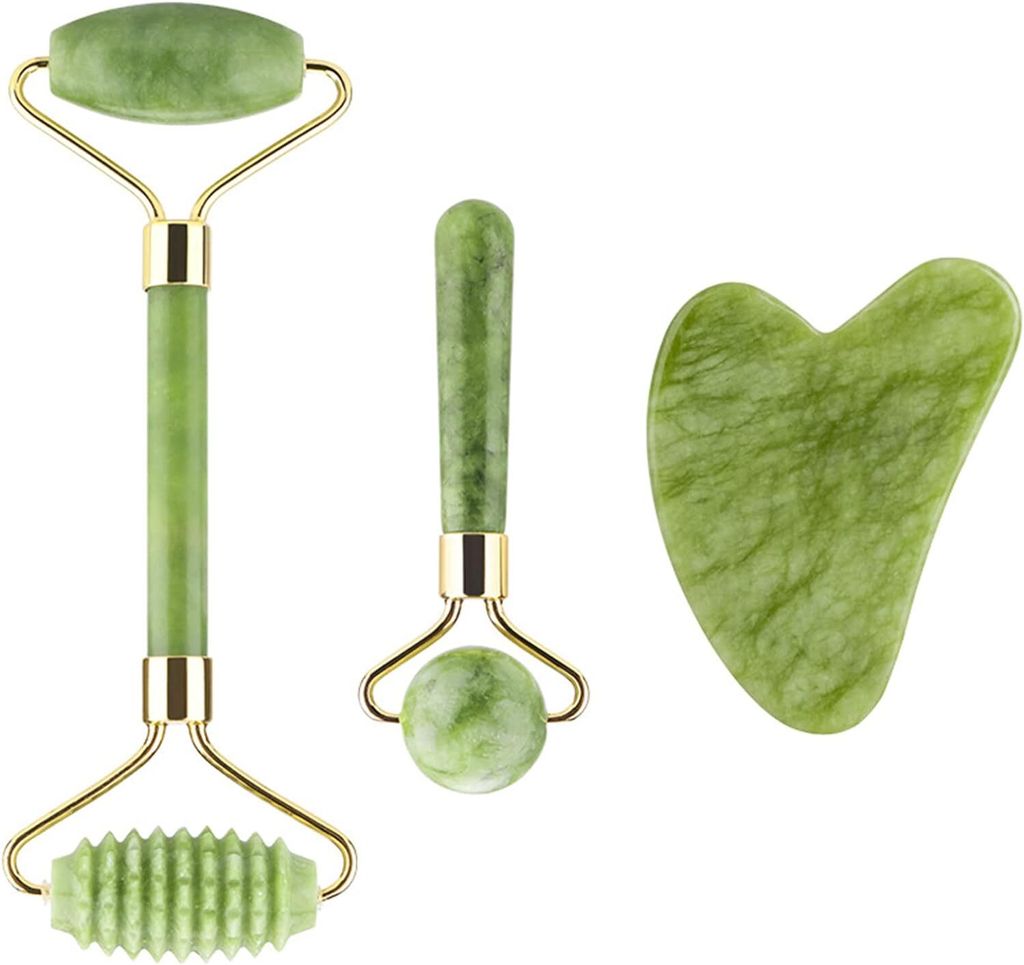 Gua sha Stein, Jade Roller und Gua Sha Set, Gesichtsroller aus Jade, Original Jade Massagegerät, Gua Sha aus Jade Gerillter Rollmassierer, Gua Sha...