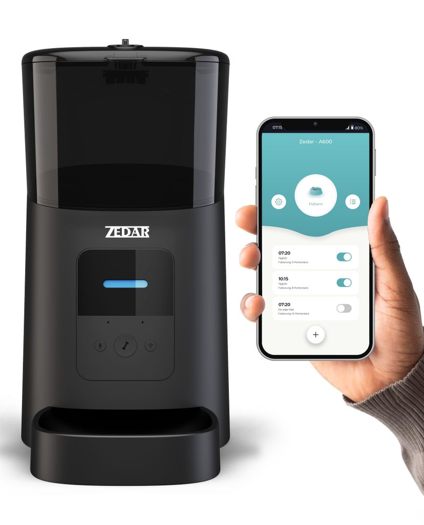 Zedar A600 Automatischer Futterautomat – für Katze und Hund – Futterspender mit App – 6 L – Schwarz