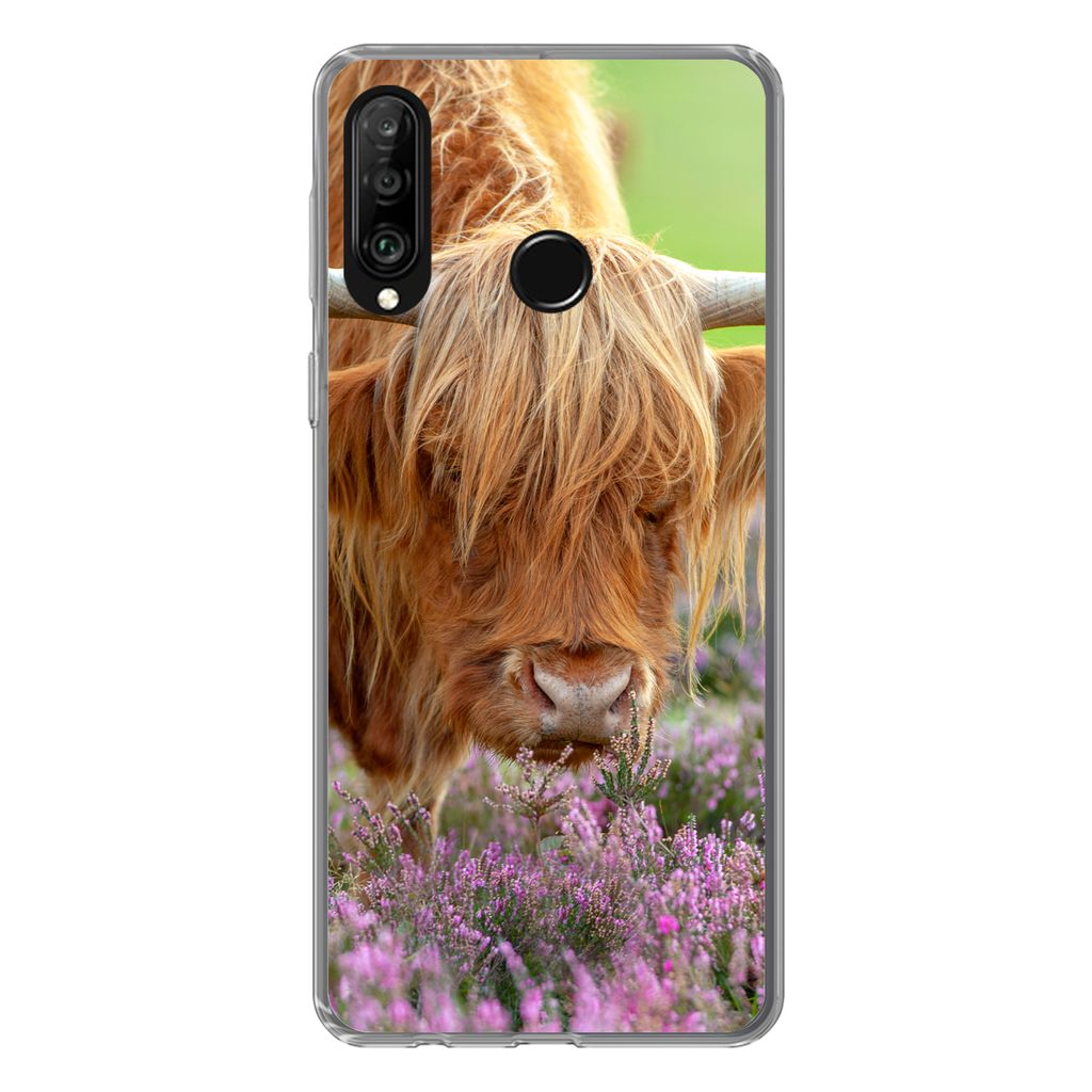 MuchoWow Handyhülle Schutzhülle Hülle für Huawei P30 Lite Schottischer Highlander - Lila - Blumen Silikon Softcase Handy Hülle - Handyhülle
