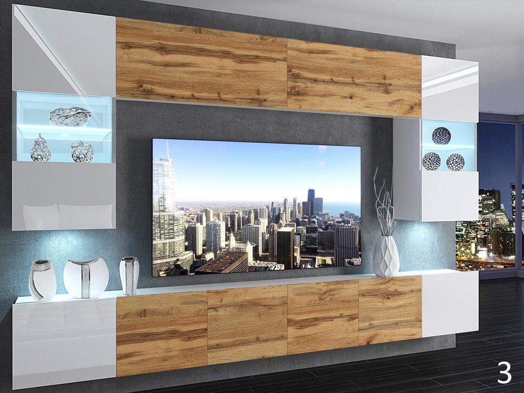 Wohnwand Anbauwand Hängeschrank Mediawand Möbelwand Wohnzimmer Hängeschrank TV Weiß / Wotaneiche 3