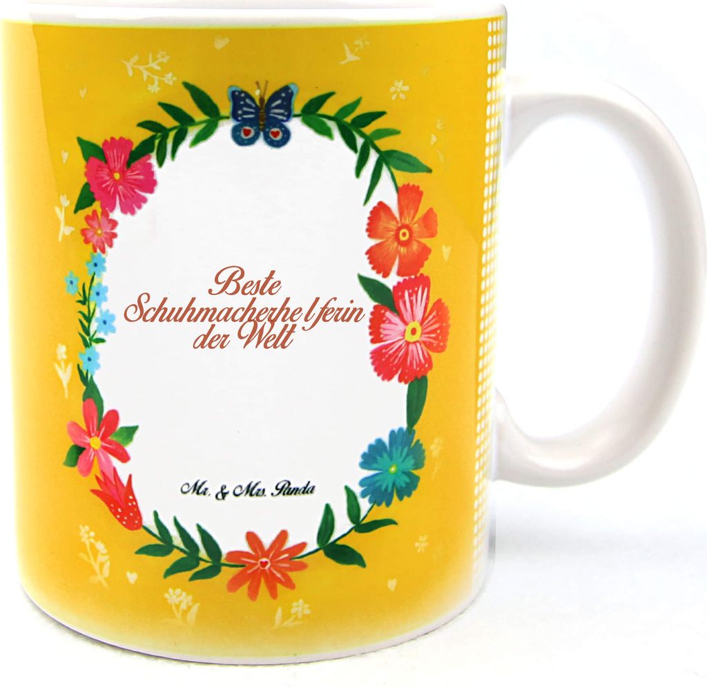Mr. & Mrs. Panda Kaffeebecher Schuhmacherhelferin - Geschenk, Gratulation, Pott, Bachelor, Studium, Trinkbecher, Tasse, Kaffeetasse, Becher, Berufs...