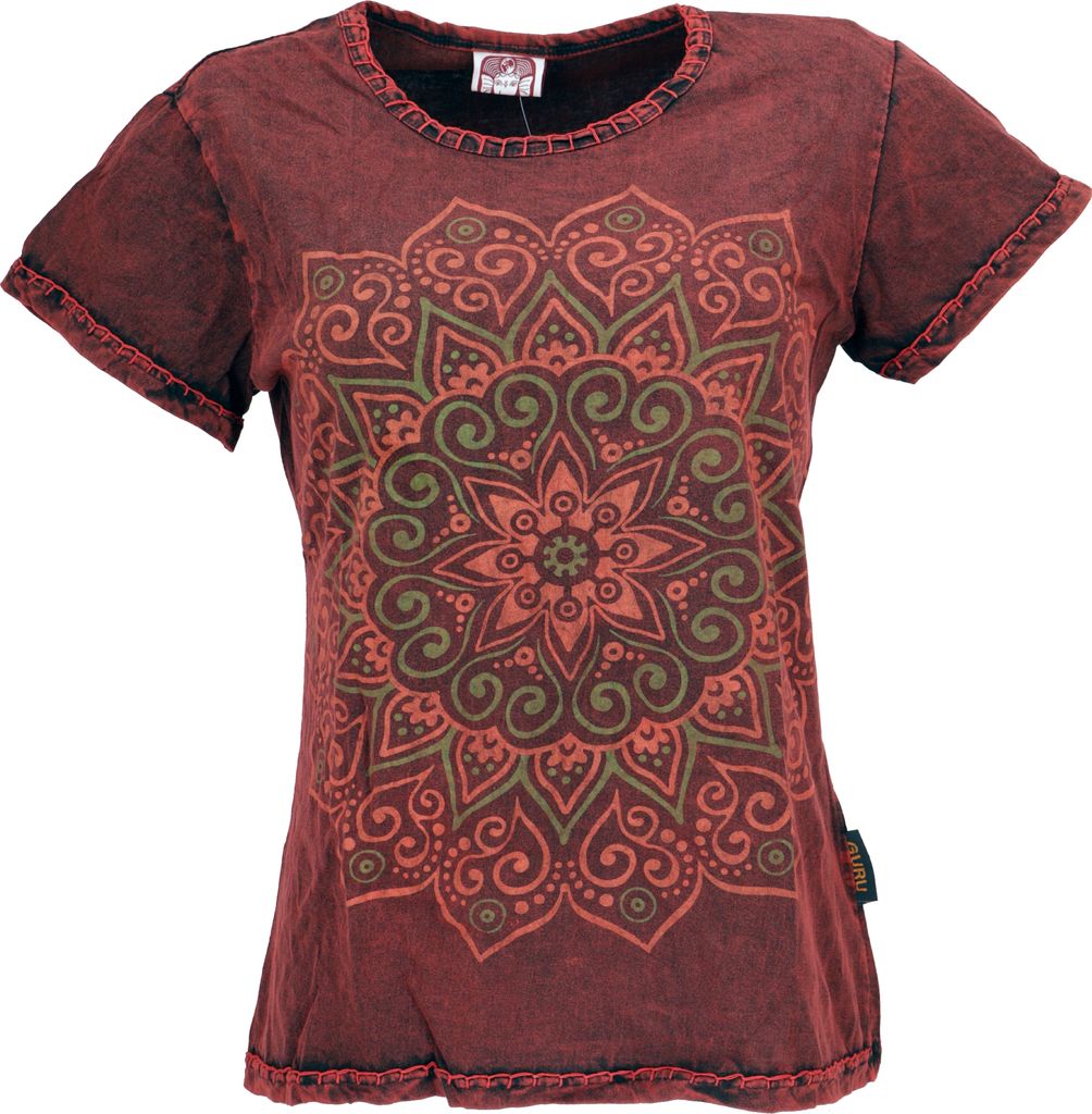 Boho T-Shirt mit Mandaladruck, Stonewashed T-Shirt - Rot, Damen, Baumwolle, Größe: L