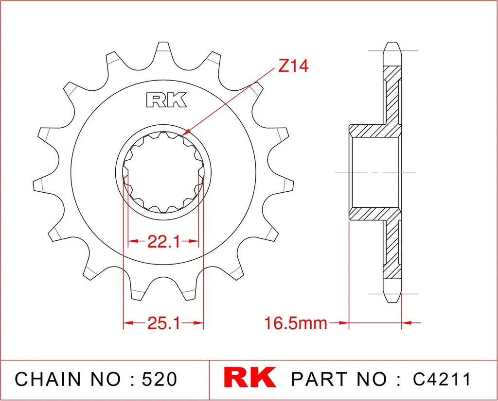 Pignon de sortie de boîte RK 4211 à 14 dents pour moteur de moto sport