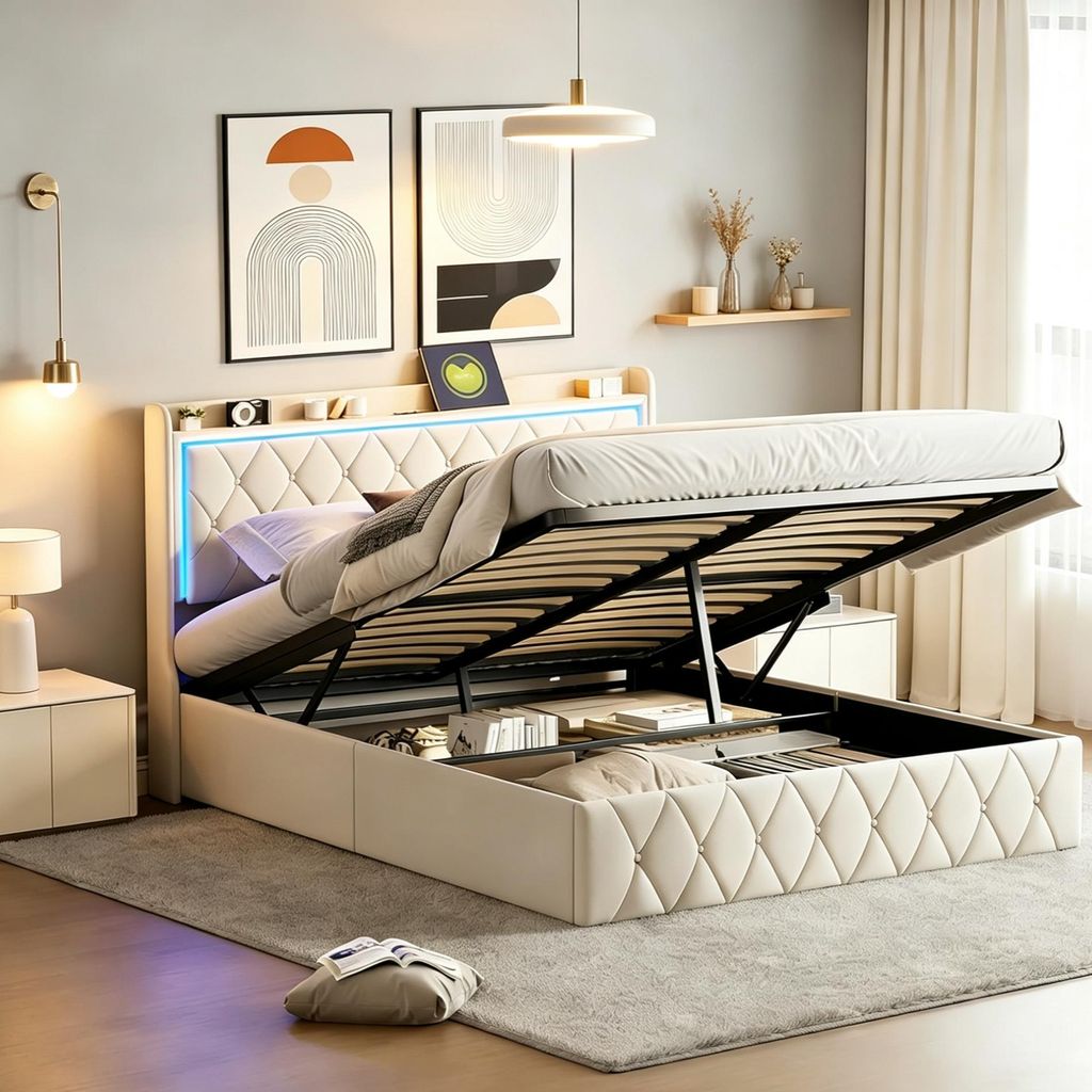 INONEFT Polsterbett 140 x 200 cm, Doppelbett mit LED und Produktbild 