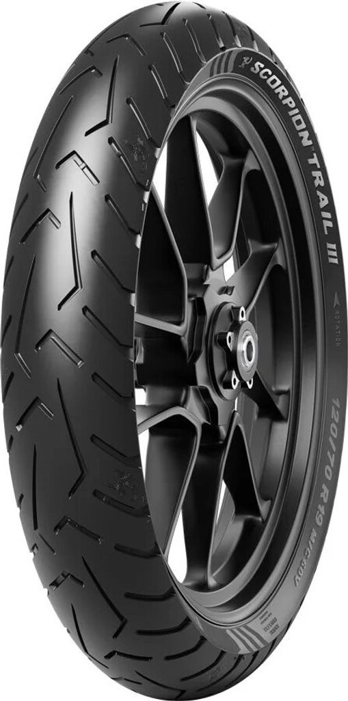 A close-up studio shot of a motorcycle tire mounted on a black rim, against a white background.