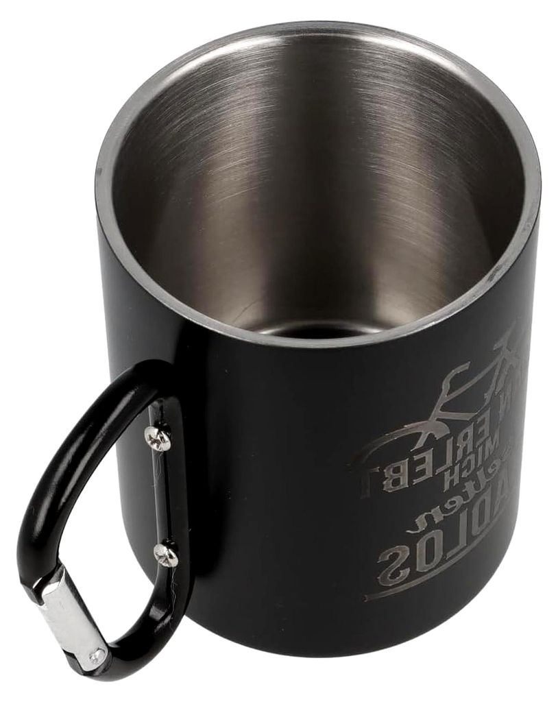 Edelstahltasse mit Karabinerhaken und Gravur "Radlos" in Schwarz Matt | Geschenk für Radfahrer und Mountainbiker | Radsport Geschenke