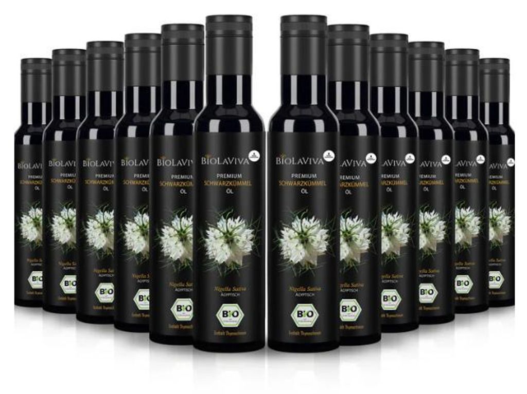 Zwölf Flaschen BIOLAVIVA Bio-Schwarzkümmelöl ungefiltert und kaltgepresst mit jeweils 250 ml