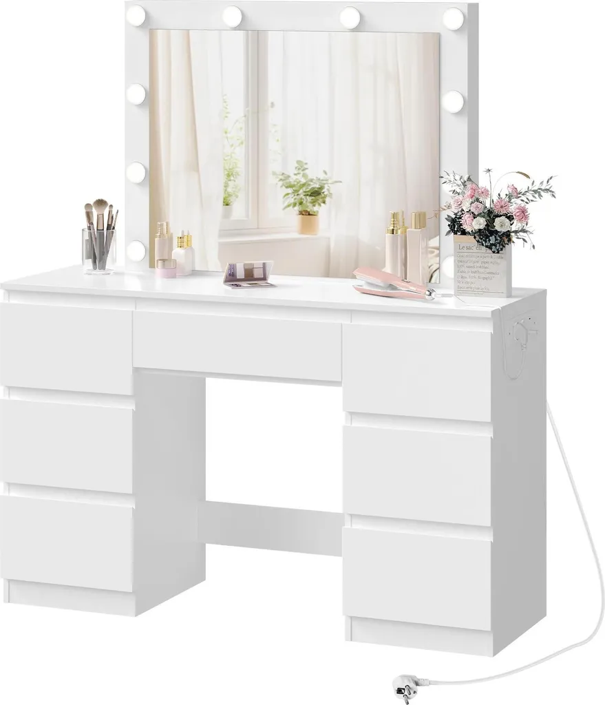 Coiffeuse avec grand miroir et 7 tiroirs blanc moderne 110 x 40 cm
