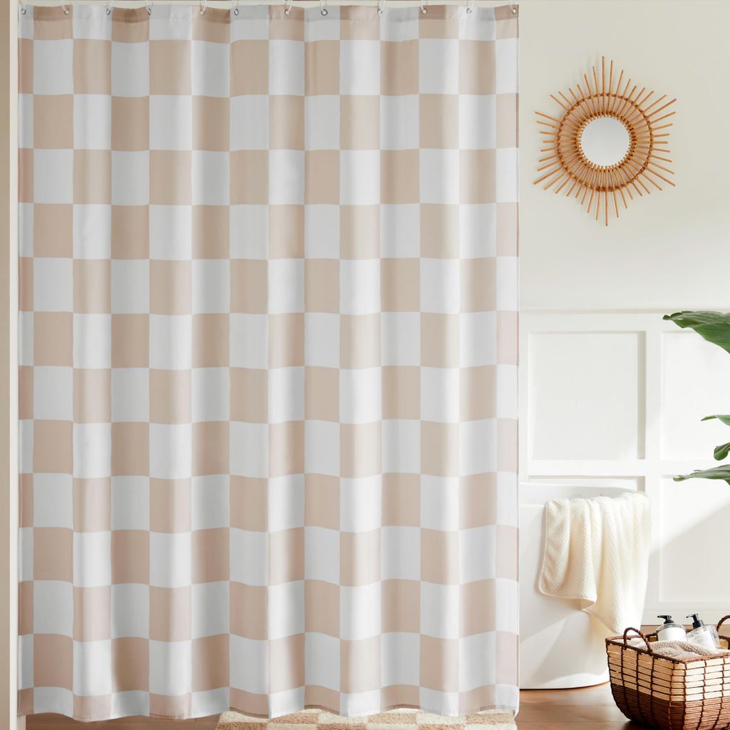Karierter Duschvorhang fürs Badezimmer, schönes, neutrales Retro-Karomuster, Duschvorhang im Vintage-Stil, maschinenwaschbar, Stoffduschvorhang, ...