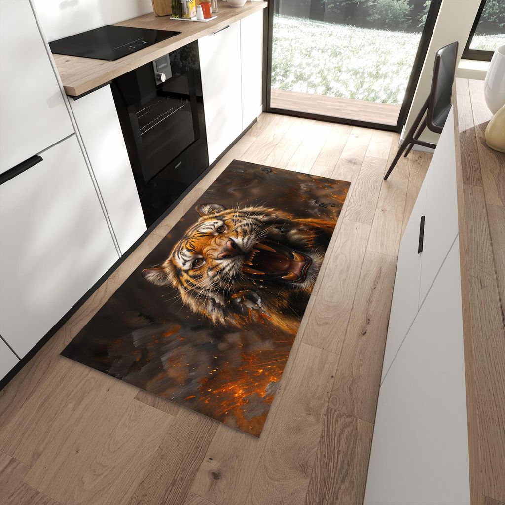 Küchenteppich 90x180cm rutschfest & abwischbar PVC Läufer - Tiger im Feuer