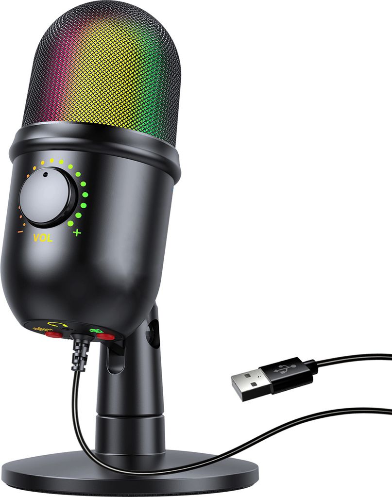 RGB-Kondensatormikrofon, Nierencharakteristik, USB-Mikrofon mit buntem Lichteffekt, Ein-Knopf-Stummschaltung, Echtzeit-ueberwachung mit Desktop-Mik...