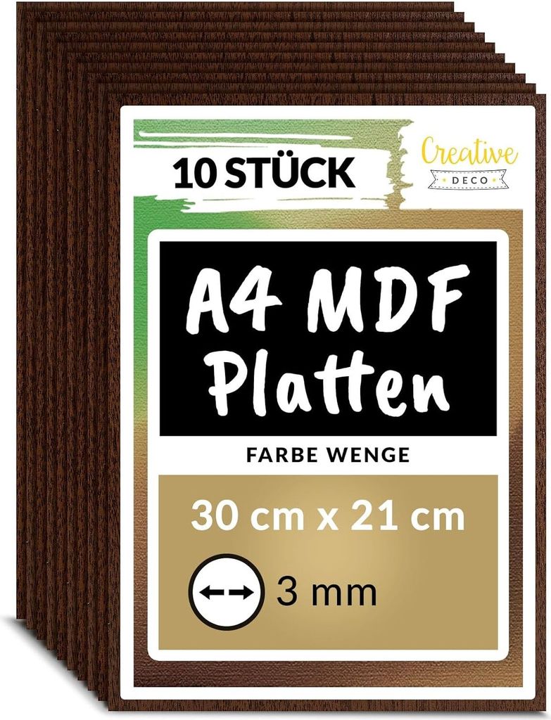Creative Deco 10 x A4 MDF Platten Einseitig Lackiert Wenge | 300 x 210 x 3 mm | Dünne Holz-Platten für Laser, CNC Router, Modellierung, Laubsäge