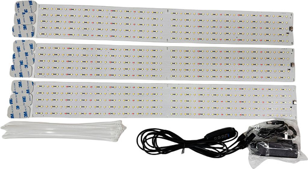 Three LED grow light panels are laid out horizontally, with accessories like zip ties and a power adapter below.