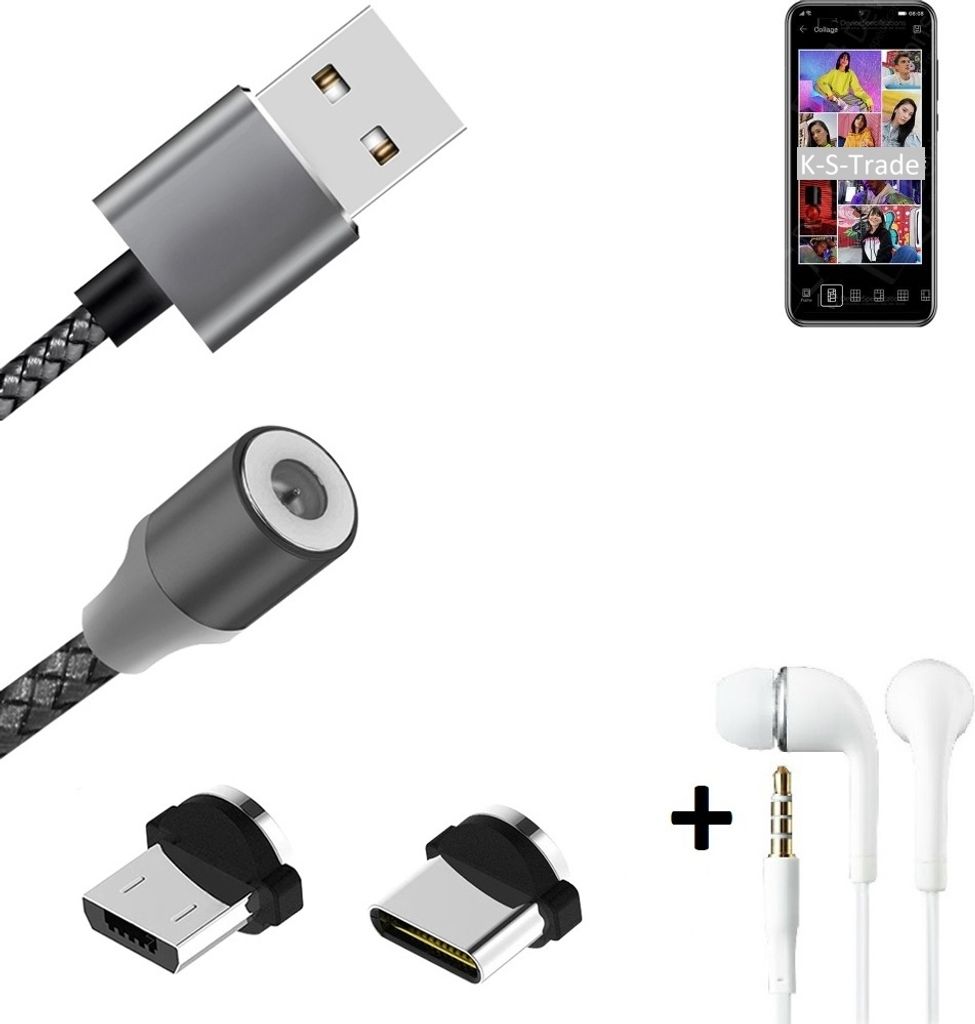 K-S-Trade Hochwertiges Magnet-Lade-kabel Sync-Kabel Daten-Kabel + Kopfhörer kompatibel mit Huawei Y8p mit USB-Typ-C-Anschluss und