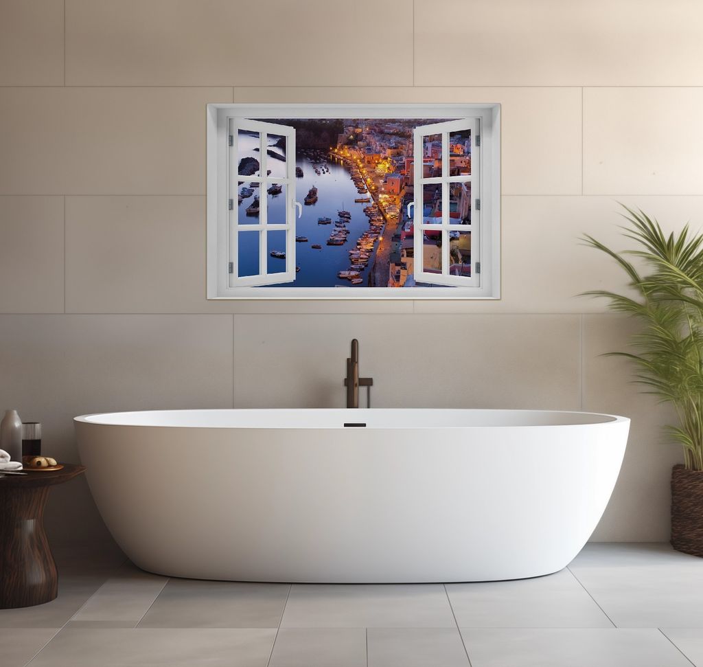 Wallario wasserfestes Poster selbstklebend 91,50 x 61 cm, Hafen bei Nacht - Italien hell erleuchtet, Badezimmerposter Spritzschutz mit Hochglanzobe...