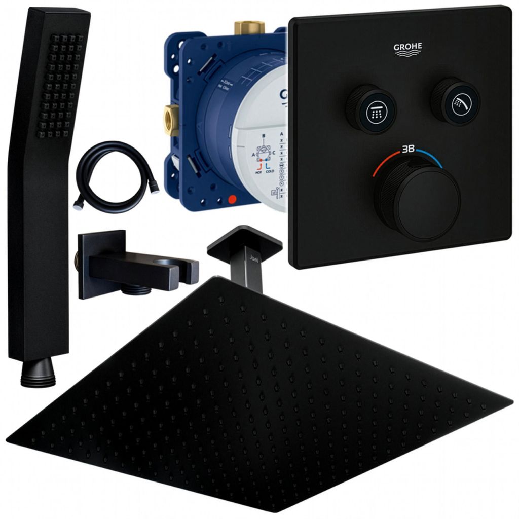 Grohe und Jowi Unterputz Duschsystem Schwarz, Smartcontrol Thermostat, 360 mm Kopfbrause, Deckenanschluss