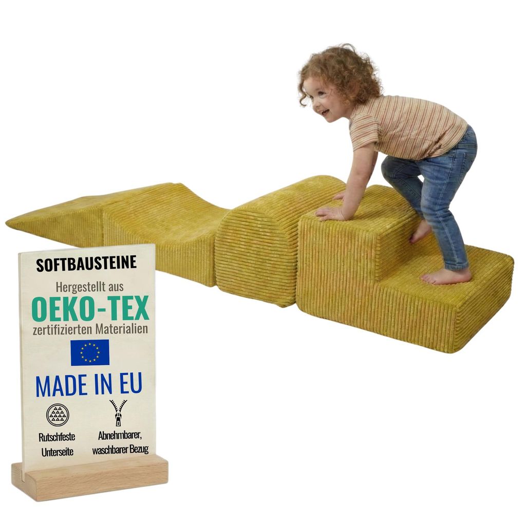 Pillows24 – Schaumstoff Bausteine Kinder aus Cord | 4-teiliges Softbausteine Set zum Spielen & Klettern Baby | für Motorik & Bewegung