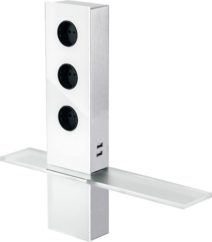 Turm Energiebox Design Edelstahl mit Glas weiß - Schuko Produktbild 