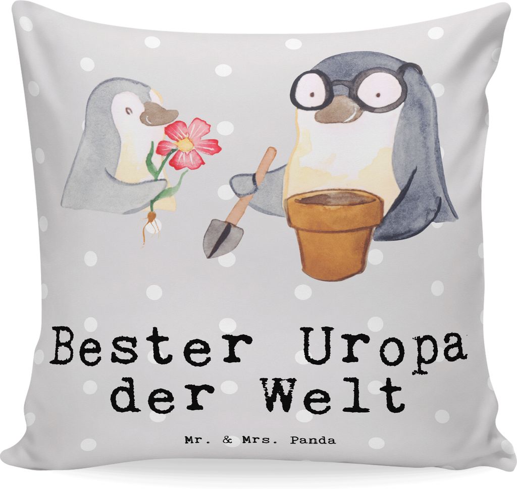 Mr. & Mrs. Panda Dekokissen Pinguin Bester Uropa der Welt - Grau Pastell - Geschenk, Deko Kissen, kuschelkissen 40x40, Opa, Geschenkidee, Kleinigke...