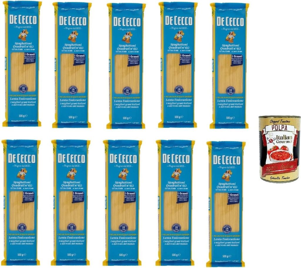 De Cecco Spaghettoni quadrati N°413, 100% Italienisch Pasta Nudeln 10x 500g + Italian Gourmet Polpa 400g