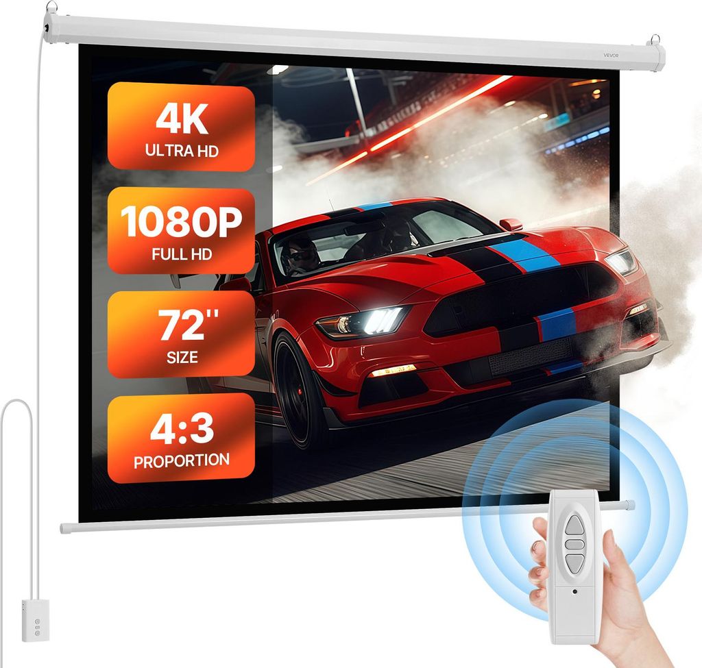 VEVOR Motorisierte Projektionsleinwand, 1829 mm 4:3 1080 HD Elektrische Projektionsleinwand, Wandmontierter Projektionsprojektor mit Fernbedienung,...
