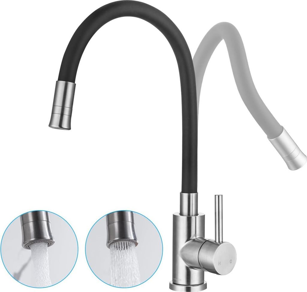Küchenarmatur schwarz mit flexibler Auslauf - 2 Wasserstrahlarten - gebürsteter Edelstahl