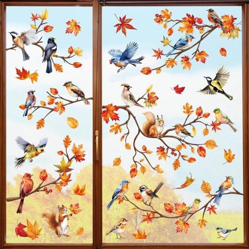 Herbstdekoration mit Vogel- und Eichhörnchenmotiven, Blätter, Tak, Glas, Antibotsingsfolie, Stickers