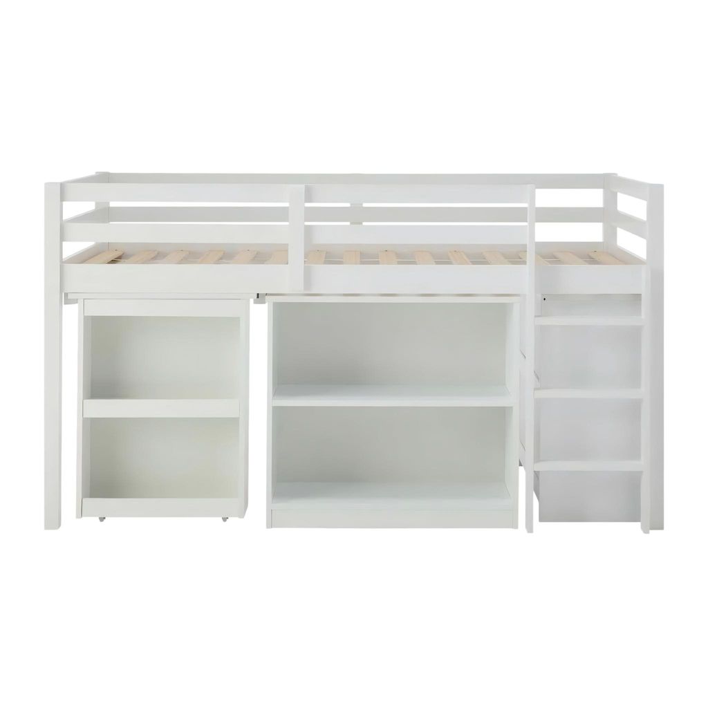Hochbett Kinderbett 90x190 cm (ohne Matratze), halbhohes Bett aus weissem Kiefernholz mit Schreibtisch und Stauraum fuer Kinderzimmer