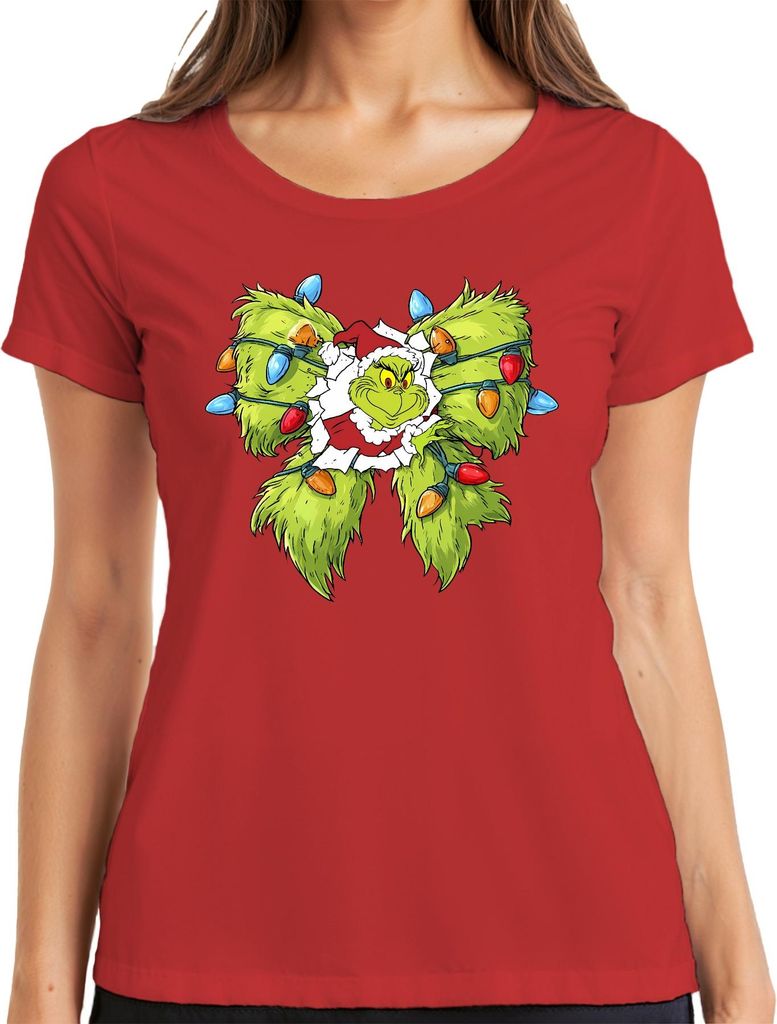 Grinch Weihnachten frech lustig Lichterkette Durchbruch Geschenk Damen T-Shirt, Rot, XXL